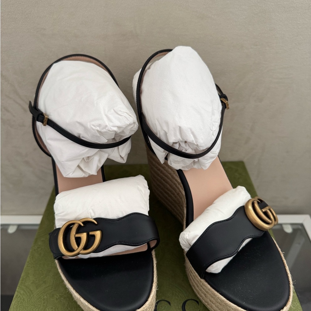 Gucci Lifford  Elegant Black Wedge/platform espadrille Sandals size 42 - Picture 2 of 9